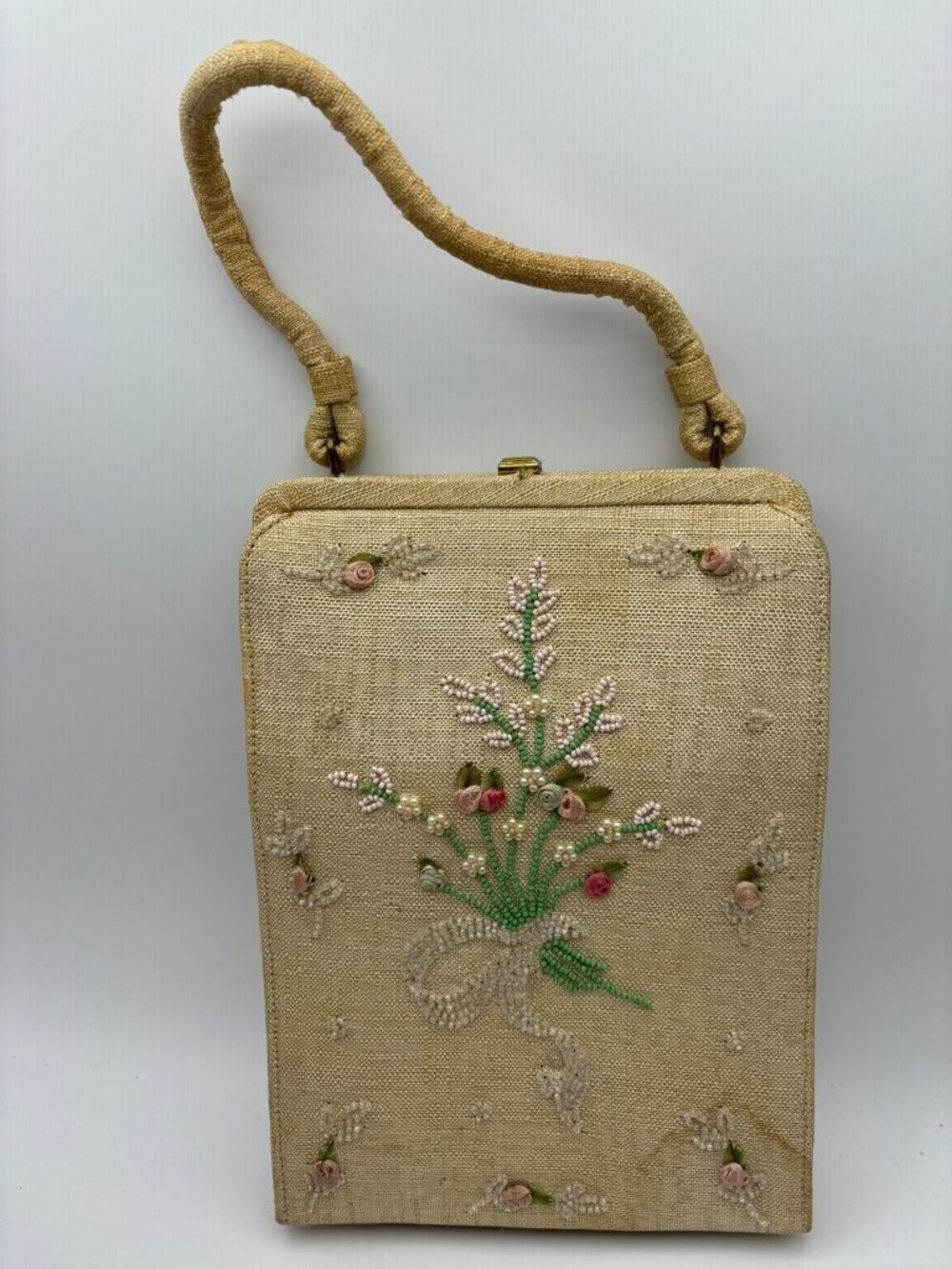 1950s Soure NY Floral Embroidered Beaded Linen Hand Bag-RARE